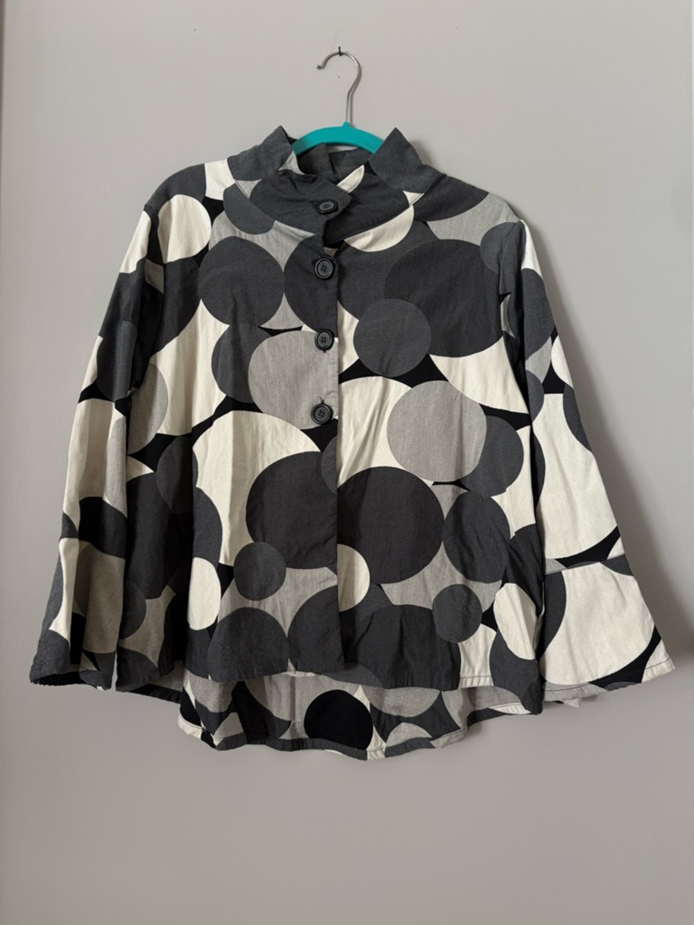 Graphic Polka Dot Button-Up Jacket in Black, Gray & White; bell sleeves
